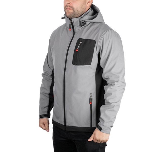 Куртка SOFTSHELL світло-сіро/чорна, з капюшоном, тришарова, стрейч 300 GSM 100D, водо-/вітрозахист, 96% поліестер / 4% еластан, 3 кишені, XXXL INTERTOOL SP-3126