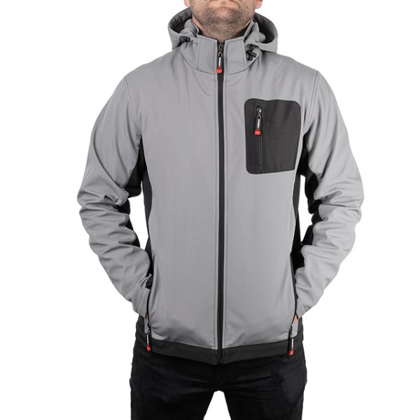 Куртка SOFTSHELL світло-сіро/чорна, з капюшоном, тришарова, стрейч 300 GSM 100D, водо-/вітрозахист, 96% поліестер / 4% еластан, 3 кишені, XXXL INTERTOOL SP-3126