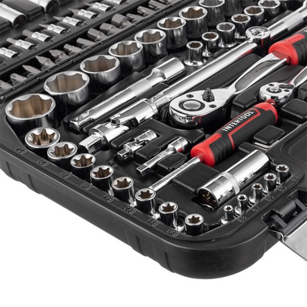 Набір інструментів STORM, 1/2" + 1/4", Cr-V, 110 од., SUPER LOCK, головки: 4-32 мм, E4-E24, біти 35 од., подовж. головки: 6-22 мм, кейс INTERTOOL ET-8110