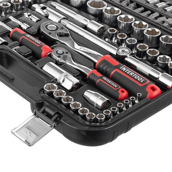 Набір інструментів STORM, 1/2" + 1/4", Cr-V, 110 од., SUPER LOCK, головки: 4-32 мм, E4-E24, біти 35 од., подовж. головки: 6-22 мм, кейс INTERTOOL ET-8110