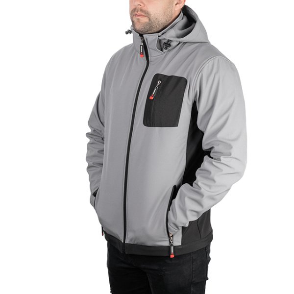 Куртка SOFTSHELL світло-сіро/чорна, з капюшоном, тришарова, стрейч 300 GSM 100D, водо-/вітрозахист, 96% поліестер / 4% еластан, 3 кишені, XXXL INTERTOOL SP-3126