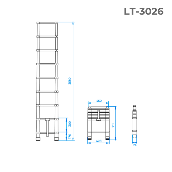 Драбина алюмінієва, телескопічна, 8 сход., 2,60 м, 150 кг INTERTOOL LT-3026