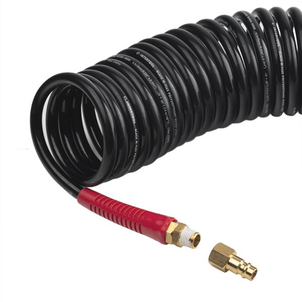 Шланг BLACK M-Flex 6,5×10 мм, 10 м, спіральний поліуретановий, з поворотним шарніром, латунними швидкороз'ємними з'єднаннями, STORM INTERTOOL PT-1793