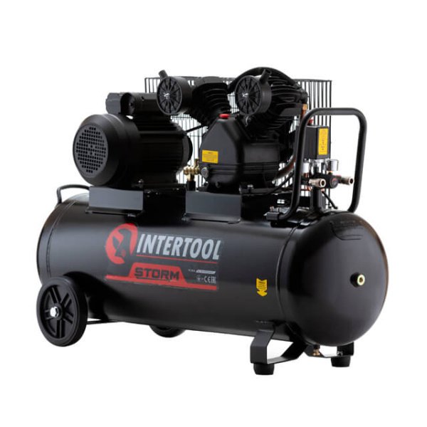 Компресор, 100 л, 3,0 кВт, 220 В, 10 атм, 500 л/хв, 2 циліндри, 83 дБ INTERTOOL PT-0014