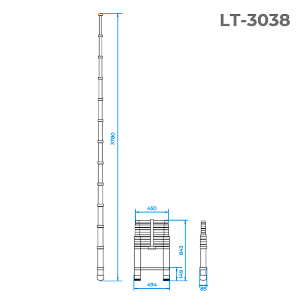 Драбина алюмінієва, телескопічна, 12 сход., 3,80 м, 150 кг INTERTOOL LT-3038