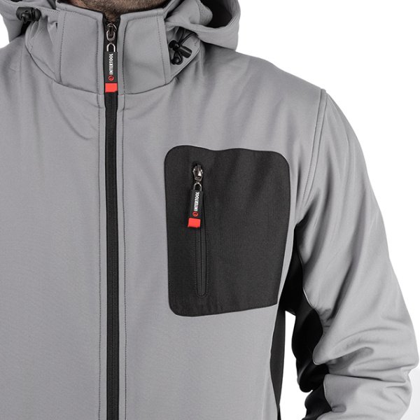 Куртка SOFTSHELL світло-сіро/чорна, з капюшоном, тришарова, стрейч 300 GSM 100D, водо-/вітрозахист, 96% поліестер / 4% еластан, 3 кишені, XXXL INTERTOOL SP-3126